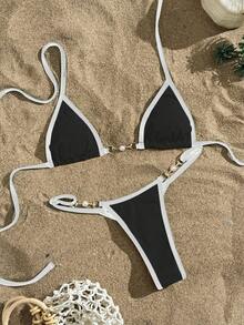 Swim Vcay Traje de baño para mujer de verano, diseño de bloques de color con borde, conjunto de bikini de dos piezas, para festival de música, playa, chica de playa, bikini, sexy - Negro - Ver 4