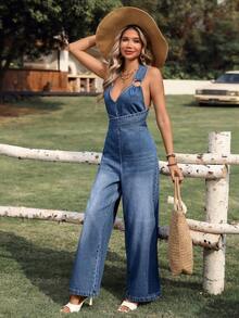 Breezaya 性感宽松弹力系带牛仔连体裤，休闲女士牛仔背带裤 - 中等水洗藍 - 查看 6