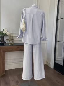 Comfortcana 女款新款條紋刺繡寬鬆襯衫與長褲套裝 寬腿褲兩件套 藍色 夏季穿搭套裝 - 藏蓝色 - 查看 2
