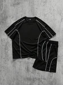 ROMWE MEN Men's Casual Contrast Trim T-Shirt And Shorts Set, Summer - Black - View 1