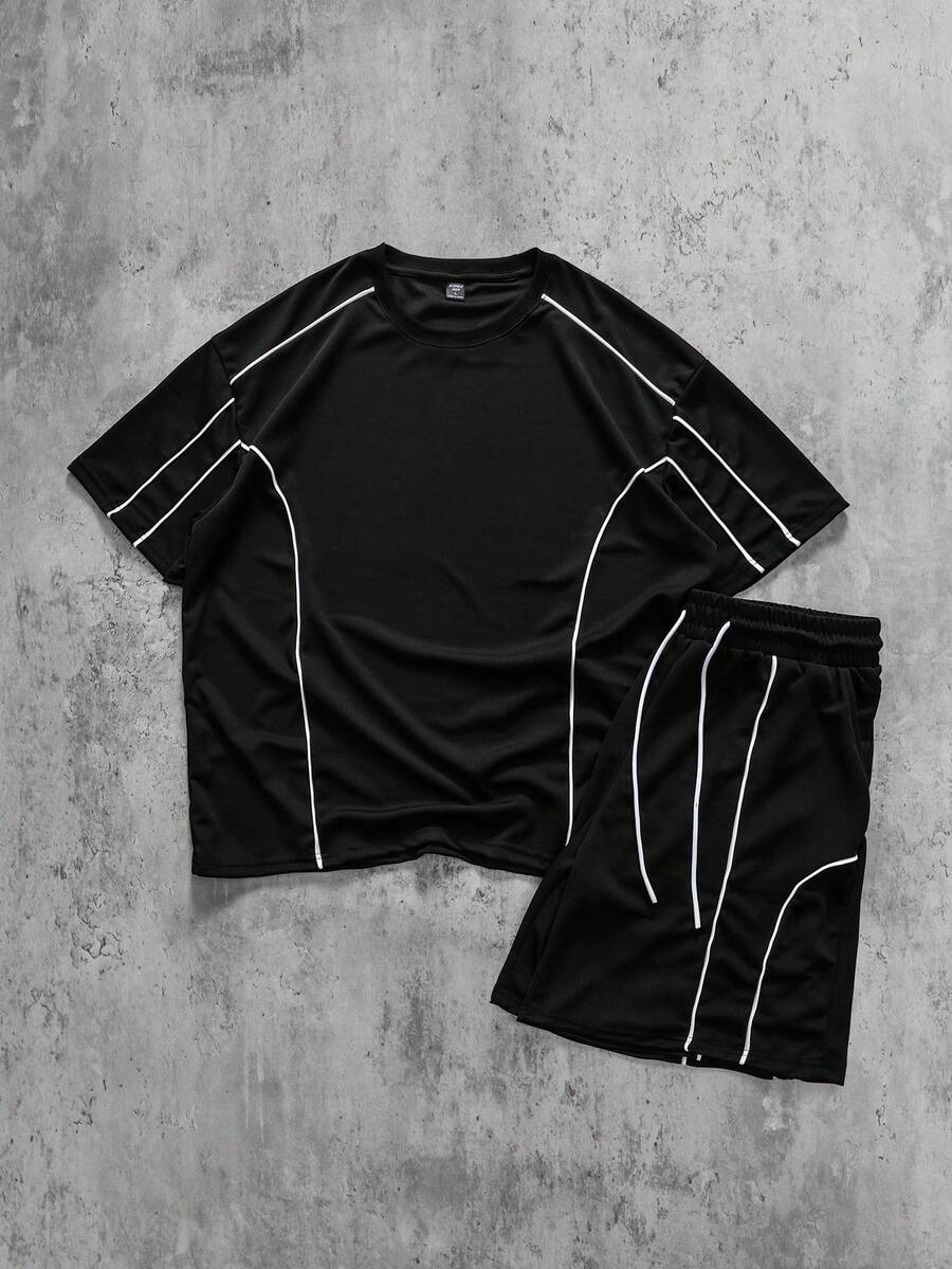 ROMWE MEN Men's Casual Contrast Trim T-Shirt And Shorts Set, Summer - Black - View 1