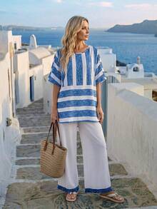 EMERY ROSE Conjunto Casual de Férias Feminino com Camisa de Manga Morcego de Listras Contrastantes e Calças, 2 Peças, Looks de Verão para Mulheres em Férias na Praia, Looks Casuais de Verão, Conjuntos Confortáveis de Verão, Conjunto Feminino de Manga Curta e Calça de Verão, Roupas de Estilo Europeu de Verão, Conjunto Azul e Branco para Mulheres, Looks Costeiros Femininos, Top Azul e Branca Feminina, Roupas Femininas de Verão - Multicolorido - Visão 5