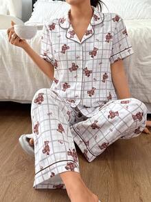 Napfluff Conjunto de pijama con estampado de oso escocés, conjunto de pijama de oso de peluche, conjunto de pijama a cuadros para primavera/verano, conjunto de pijama a cuadros escoceses, conjunto de pijama para mujer - Marrón - Ver 3