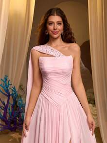 Glamrae Đầm dạ hội sang trọng và thanh lịch bằng vải chiffon màu hồng, xếp ly, được trang trí bằng kim cương thủ công, cổ thuyền, chân váy maxi bồng bềnh với đuôi váy dài, thích hợp cho nữ. - Hồng - Xem 2