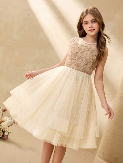 Tween Girl Floral Decor Mesh Hem Sleeveless Dress Ivory Dress Girls Beige Cocktail Dress For Tween Beige Dresses For Girls Girls Neutral Dress Champagne Girls Dress
