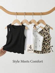 SHEIN 4pcs Baby Girl Summer Y2K Leopard Print Polka Dot Heart Pattern Tank Top Sleeveless Slim Fit Squishy Soft Texture Cami Shirts Outerwear Multi-Pack For Vacation Beach Party - Multicolor - View 8