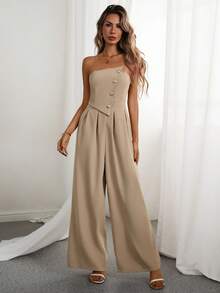 Rafferiza Fashionable Sexy Strapless Sleeveless Metal Buckle Jumpsuit - Khaki - View 3