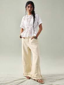 SoleilVie 女士波西米亚风度假休闲镂空露背蝴蝶结腰A字花瓣袖衬衫，春夏款 - 白色 - 查看 4