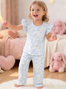 女婴夏季系列两件套睡衣套装，蓝色雏菊碎花和白色春日花朵印花，荷叶边袖上衣和裤子。 - 藍色 - 查看 7