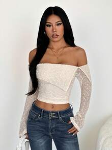 SHEIN PETITE Áo nữ thời trang thu đông, chất liệu vải có họa tiết, kiểu trễ vai, xếp ly, tay dài, màu trắng, trang phục ấm áp cho mùa thu đông. - Màu be - Xem 7