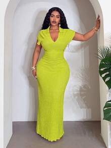 Slaydiva 2026春夏新款音乐节、复活节、圣帕特里克节、西部风、游牧风、生日派对、毕业典礼、学院风、学生装、日常休闲、百搭、休闲、邮轮旅行、海滩、日光浴、爆款、街头风、婚礼宾客波西米亚风、通勤、早午餐、机场、派对及假日修身Polo领V领长款连衣裙 - 绿色 - 綠色 - 查看 3