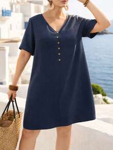 EMERY ROSE Plus Size Women V-Neck Simple Versatile Vacation Casual Comfortable Loose A-Line Midi Dress - Blue - View 5