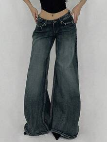 Dazy Tall Quần jeans ống loe thanh lịch dành cho nữ cao, điểm nhấn đinh tán, kiểu dáng gợi cảm thường ngày. - Rửa tối - Xem 5