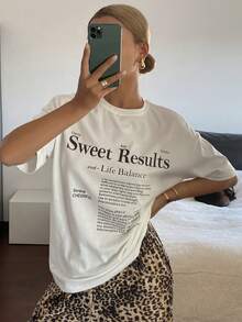 DAZY Camiseta casual suelta de manga corta con cuello redondo y estampado de letras para mujer, estilo Y2K - Blanco - Ver 3