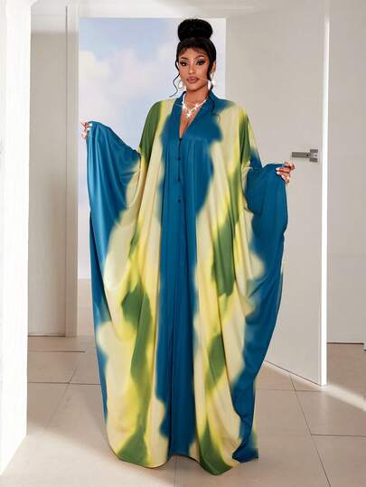 Maweii Plus Size Women Summer Loose Gradient Print Thin Kimono Cardigan, Suitable For Vacation & Outdoor