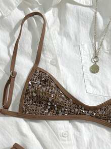 Swim SXY 2pcs Sexy Beaded Micro Bikini Top And V-Cut Hollow Out Triangular Bottoms Swimwear Set - Multicolor - View 6