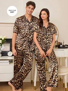 SHEIN Leopard Print Faux Silk Men's Pajama Set - Multicolor - View 3