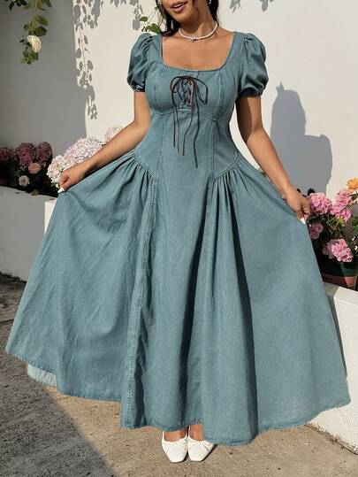 GalTyme Plus Size Women's Denim Dress With Tie-Up Detail And Puff Sleeves, Elegant,For Daily Commute,Date, Commute, Party,Fall /Autumn/Winter/Summer,Christmas,New Year,Thanksgiving,Party,Wedding,Beach,Graduati,Chic,Elegant,Casual,Going Out,Date,Appointment,Commute,Shining,Valentine's Day,Elegant ,Vacation,Casual,Y2k,Sexy,Party,Wedding ,Going Out,Graduation