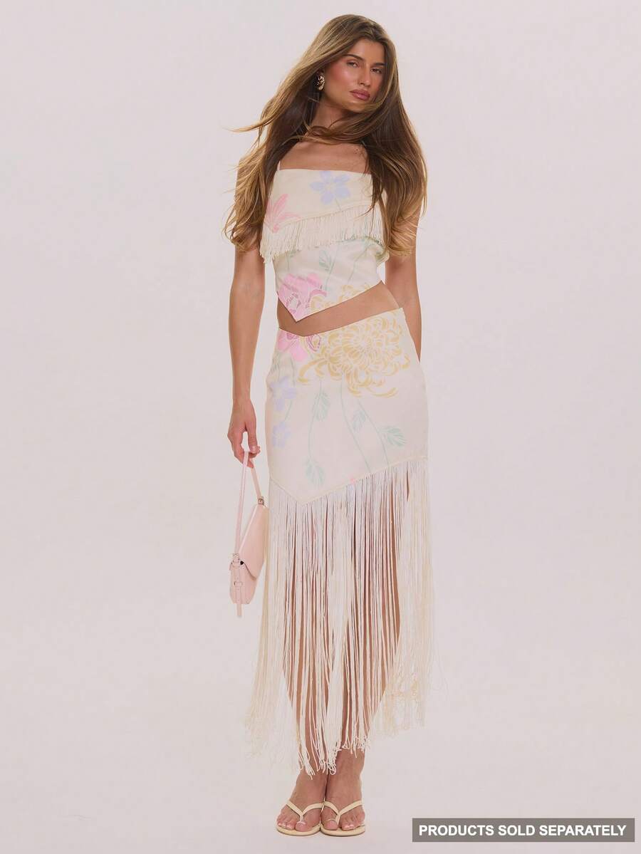 MUSERA 印花缎面低腰流苏中长裙，春夏优雅婚礼宾客度假假日场合蜜月咖啡馆 - 淡黃色 - 查看 1