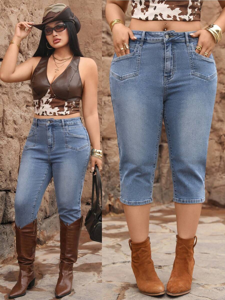 Jeanoix Quần jeans skinny dài đến mắt cá chân, đa năng, phong cách Y2K, dành cho người có thân hình đầy đặn. - Rửa nhẹ - Xem 1
