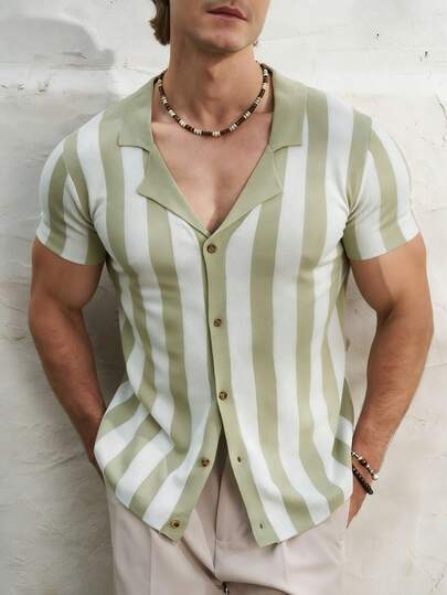 Airaco Summer Carnival Season Men's Green & White Striped Cuban Collar Knit Cardigan, Fashionable & Comfortable For Beach Vacation