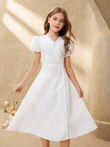 Tween Girl Jacquard V-Neck Short Petal Sleeve Button Design Dress - White - View 3