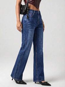 SHEIN ICON Damen Lässig Loose Straight Leg Jeans mit Taschen - Blau - Übersicht 5