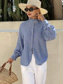 DAZY Women's Ruffle Collar Striped Raglan Sleeve Single-Breasted Shirt - Blue - View 5