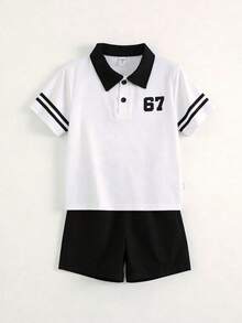 2pcs/Set Young Boys White Polo Co-Ords,Casual,Cute&Sporty 67 Contrast Color Shirt&Black Trim Shorts,Summer School Back-To-School Daily Wear Outings - Black and White - View 6