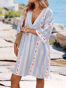 Breezaya Women's Short Vacation Style Contrast Color Striped Loose Dress - Blue - View 5
