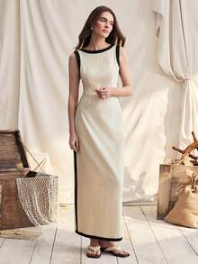 Zovinel Vestido sin mangas casual de vacaciones con ribete de bloques de color para mujer - Beis - Ver 6