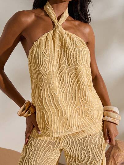 Opulessa Women's Solid Color Woven Halter Neck Blouse Suitable For Beach Vacation, Casual, Holiday ,Going Out, Party, Beach Yellow