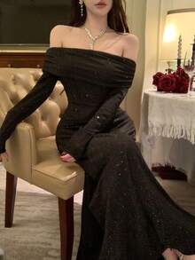 FRIFUL Đầm dài dáng chữ A ôm sát, hở vai, bóng bẩy, kiểu dáng dự tiệc, ngọt ngào dành cho nữ. - màu đen - Xem 2