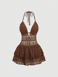 Sweetra 女士波西米亚风咖啡棕色露背连衣裙，春夏款 - 咖啡 - 查看 1