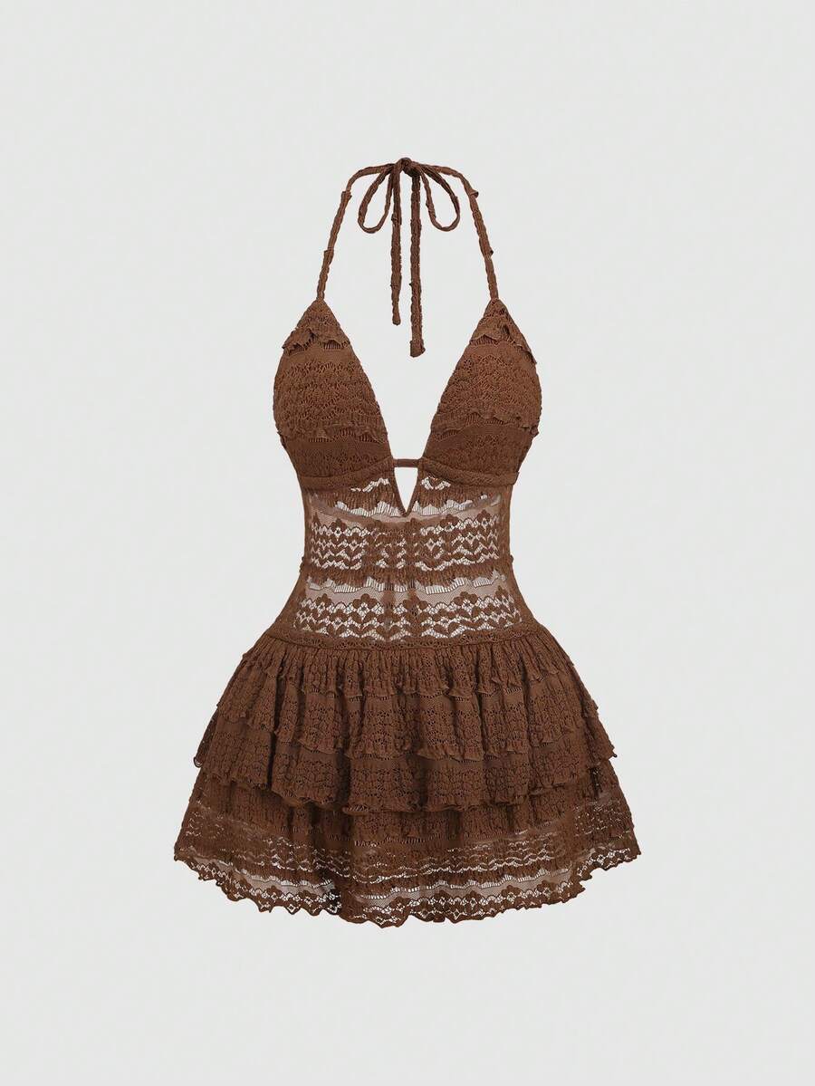 Sweetra 女士波西米亚风咖啡棕色露背连衣裙，春夏款 - 咖啡 - 查看 1