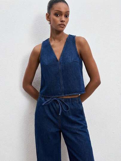 ATUI Studio Women's Solid Color Minimalist Sleeveless Top And Jeans Set, Casual Everyday Wear