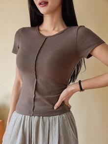 DAZY 女士夏季圆领短袖修身休闲优雅套头T恤 - 棕色 - 查看 2