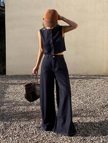 DAZY Conjunto casual de mezclilla para mujer con chaleco sin mangas de cuello redondo y abierto al frente, y pantalones vaqueros rectos y sueltos - Azul lavado oscuro - Ver 6
