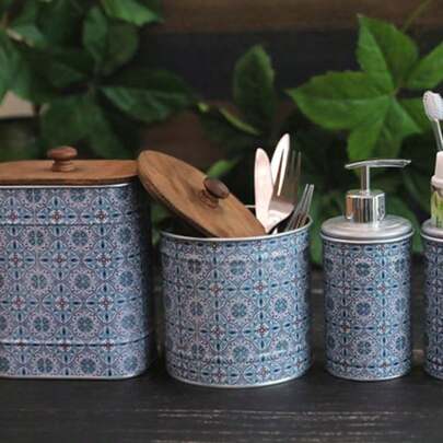 Cirelle Tarro de hierro vintage con tapa de madera - Tarro hermético con diseño geométrico para granos de café, té y cereales, decoración rústica para almacenamiento de cocina