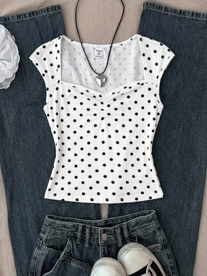 SHEIN 少女黑白波点褶皱胸部甜美休闲T恤，Y2K青少年时尚，适合暑假、返校、假日家庭户外野餐、日常穿着，藏蓝色修身短袖上衣