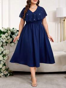 SHEIN Clasi Plus Size Women Navy Blue Elegant Summer Wedding Guest Dress,Pearl Decor V-Neck Long Party Dresses,Formal Ceremony Graduation Outfit,Mother Of Bride - Blue - View 5