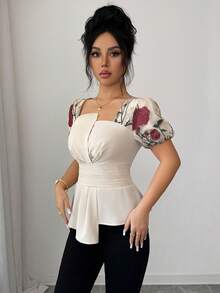 SHEIN Clasi Women's Beige Summer Elegant Tea Party Square Neck Rose Flower Embroidery Mesh Patchwork Ruffle Fit And Flare Regular Short Sleeve Blouse,Apricot - Apricot - View 6