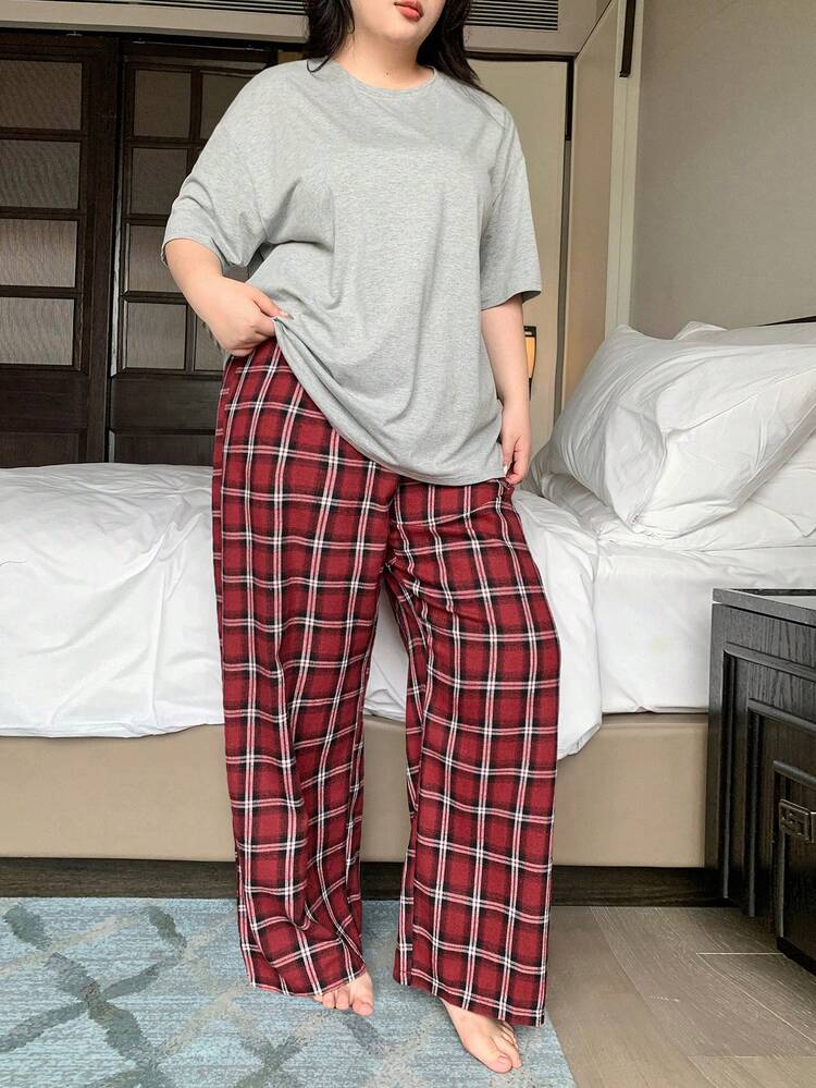 Dazy Plus Plus Size Women Solid Color T-Shirt And Plaid Pajama Pants Homewear Set, All Season