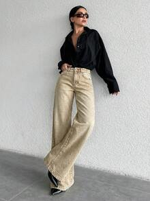 ZIRRA Women's Solid Color Slant Pocket Casual Versatile Straight-Leg Jeans - Khaki - View 4