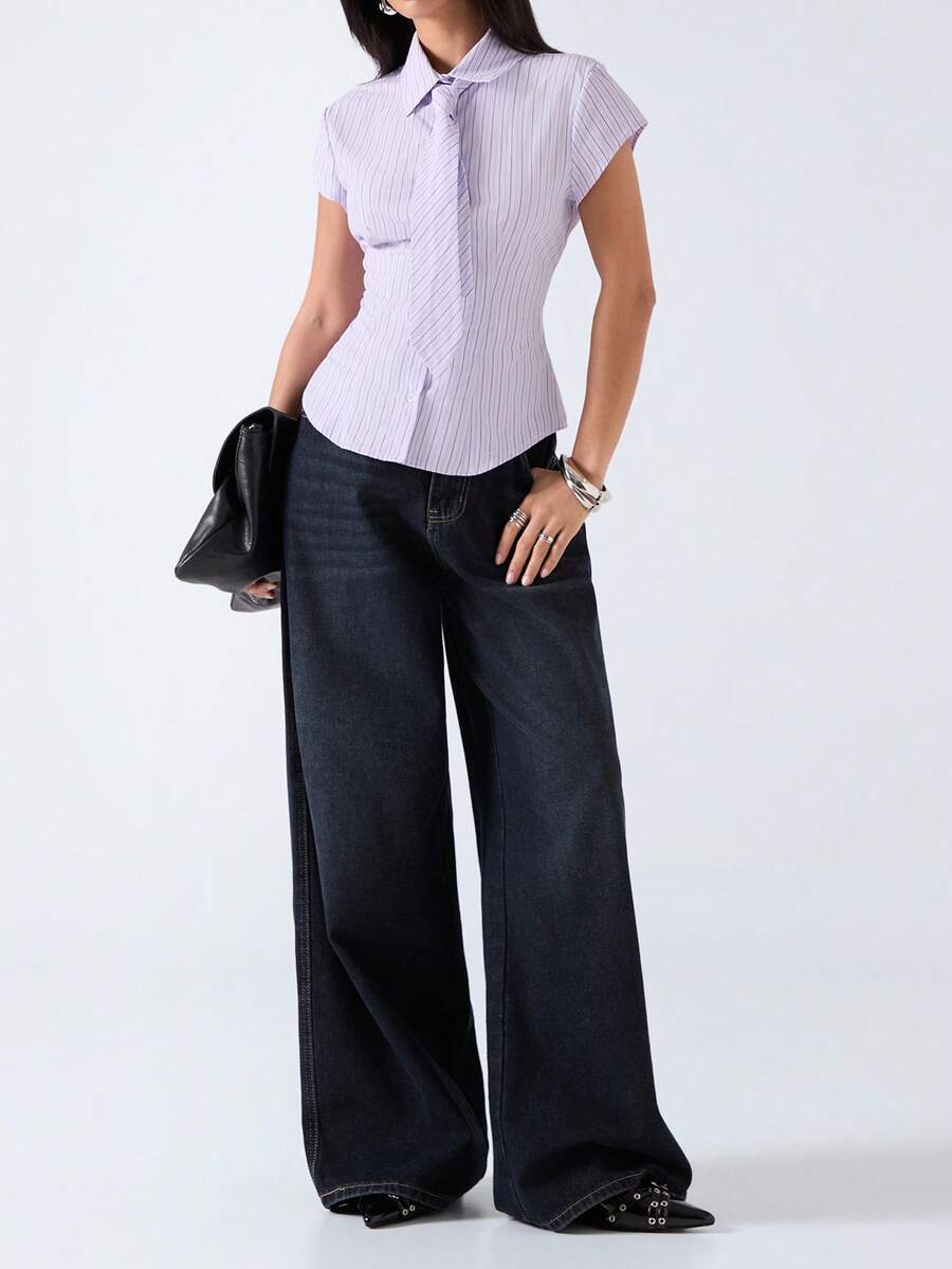 LYSMO 女士休闲条纹短袖衬衫，夏季 - 紫色 - 查看 1