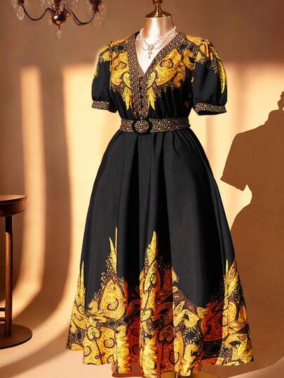 Rometta Plus Size Women's Fashionable Versatile Thailand Maldives Travel Beach Vacation Bohemian Print Waist Cinched V-Neck Cap Sleeve Dress, Spring/Summer