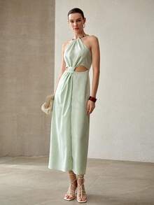 MOTF PREMIUM WOMEN'S LUXURY HALTER KNOT DESIGN DRESS - Apricot - View 4