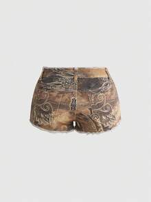 Quần short denim siêu ngắn cạp thấp, họa tiết hoa điều paisley cổ điển phong cách Y2K, viền tua rua, gợi cảm. - màu nâu - Xem 2