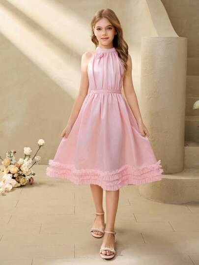 Girls' Luxurious Elegant Pink Satin & Mesh Halter Short Fitted Dress, Suitable For Evening Party, Christmas, Halloween, Wedding, Flower Girl, Prom, Graduation, Holiday
