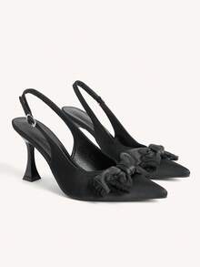 CUCCOO CHICEST 女士尖头高跟鞋，9厘米，优雅细高跟，棕色，职业鞋，后跟带设计，方便穿脱，可爱大蝴蝶结搭扣，黑色高跟鞋，时尚华丽性感，适合日常/派对/夜店/舞会/宴会/情人节约会等场合穿着。 - black bow - 查看 3